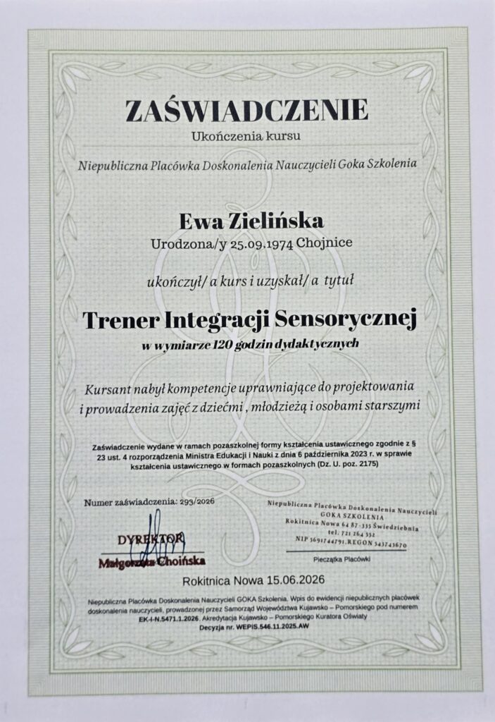 Zaświadczenie o ukończeniu kursu Trenera Integracji Sensorycznej