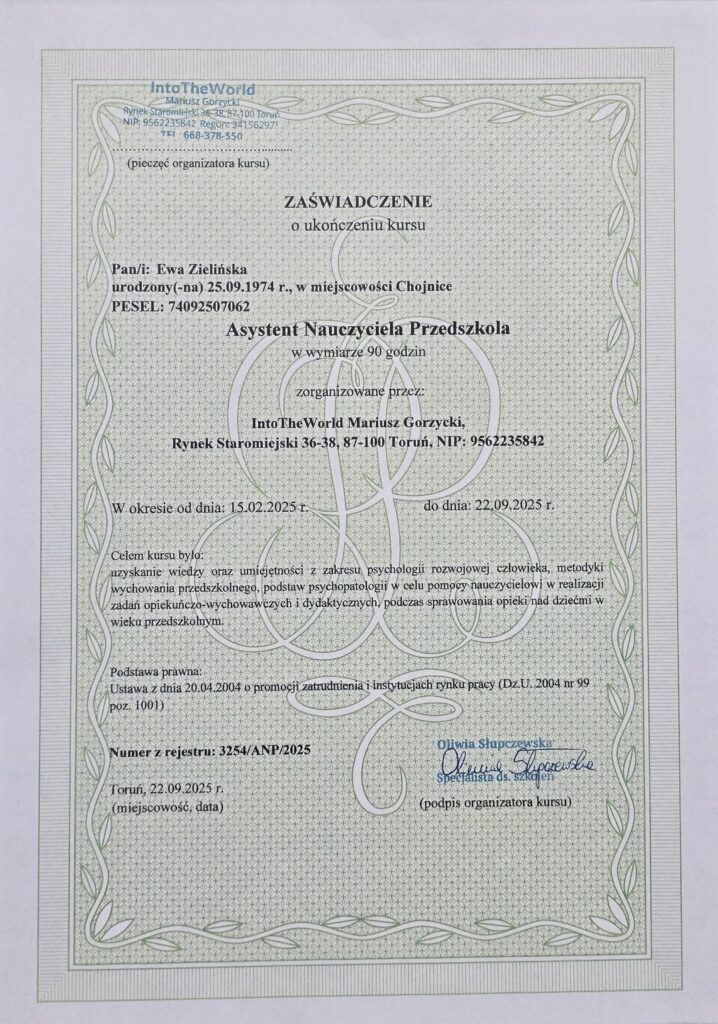 Zaświadczenie o ukończeniu kursu Asystenta Nauczyciela Przedszkola