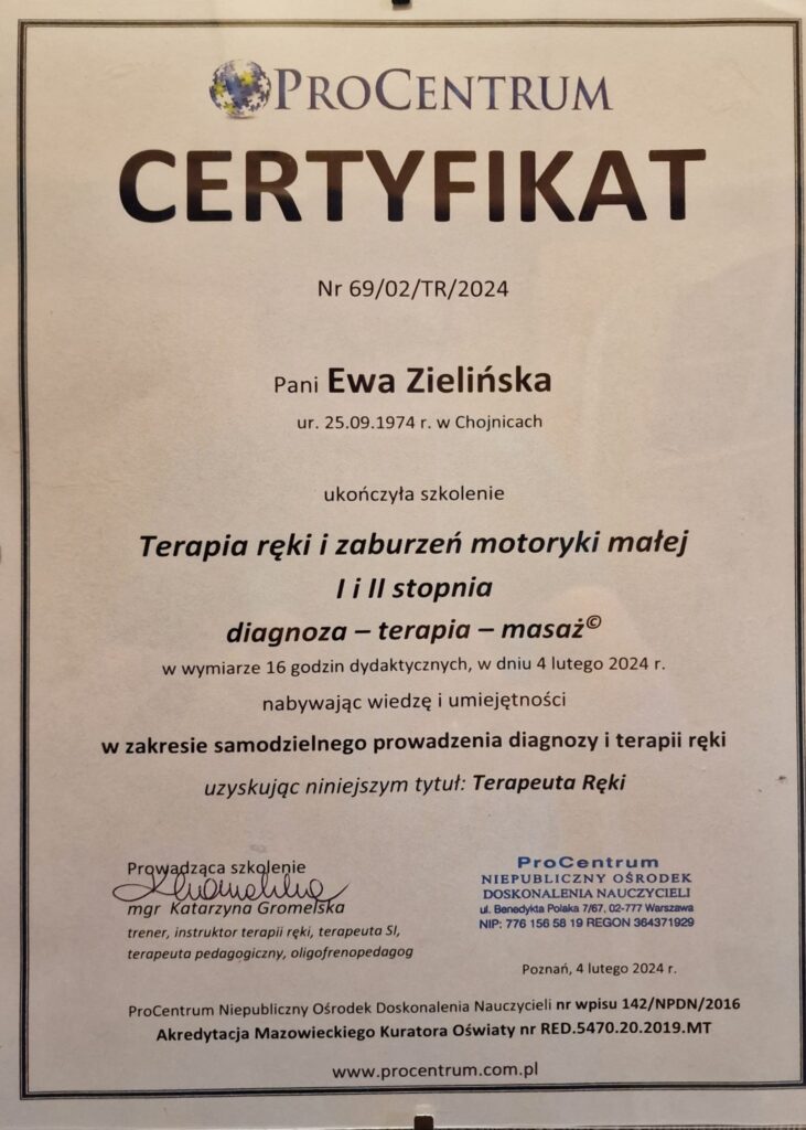 Certyfikat potwierdzający ukończenie szkolenia Terapia ręki i zaburzeń motoryki małej I i II stopnia