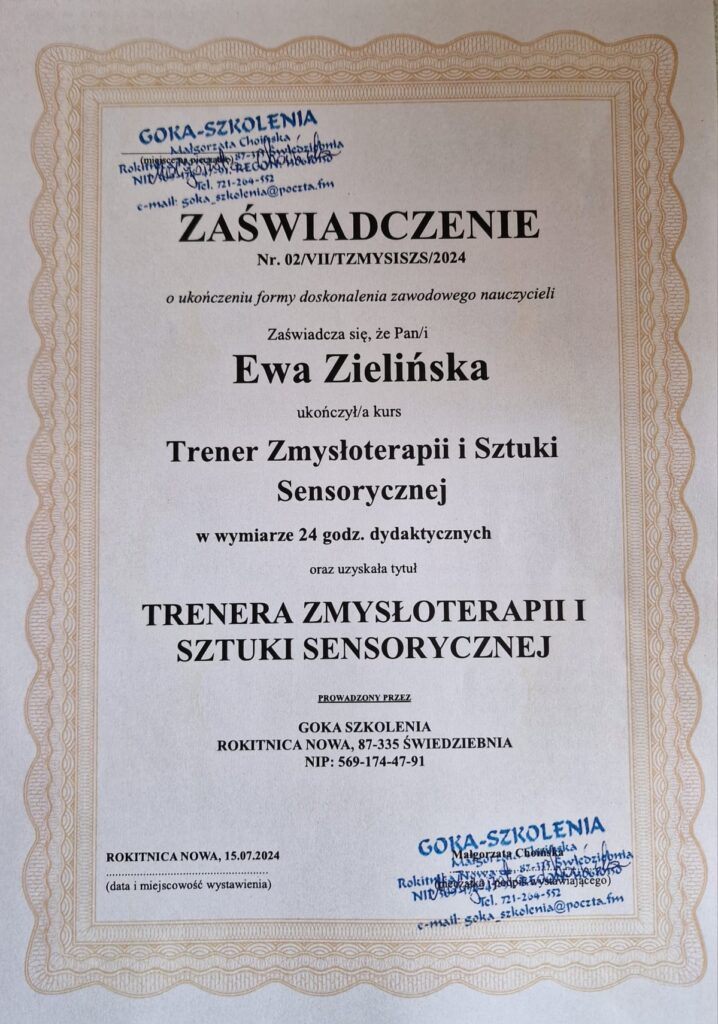 Zaświadczenie o ukończeniu kursu Trener Zmysłoterapii i Sztuki Sensorycznej.