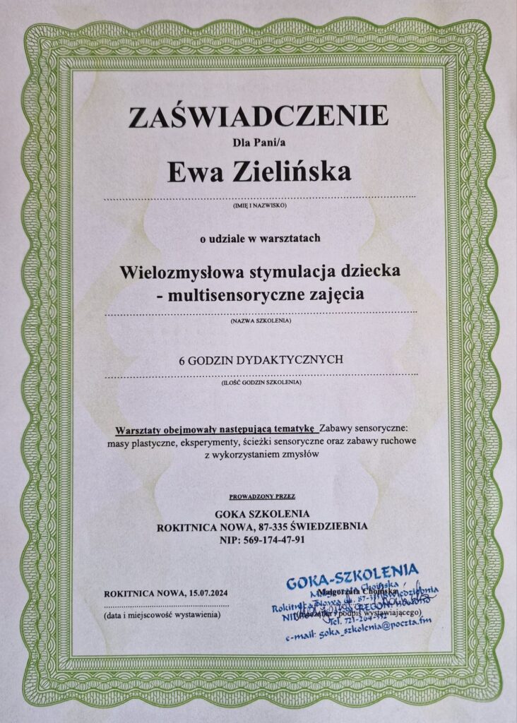 Zaświadczenie o udziale w warsztatach - Wielozmysłowa stymulacja dziecka - multisensoryczne zajęcia