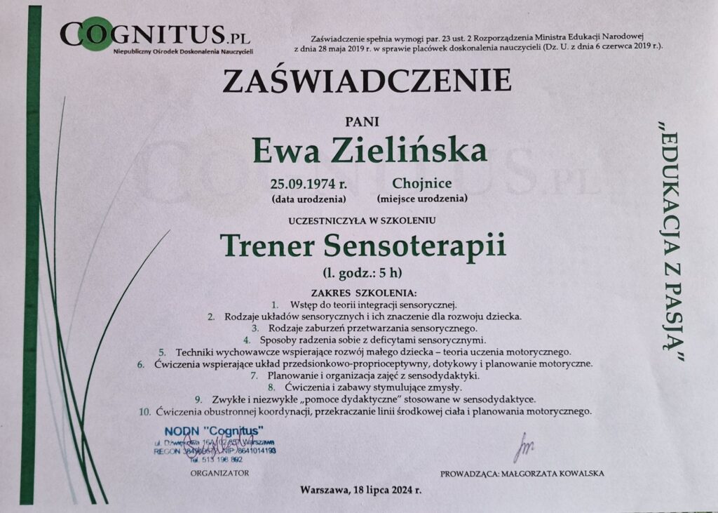 Zaświadczenie o uczestnictwie w szkoleniu Trenera Sensoterapii