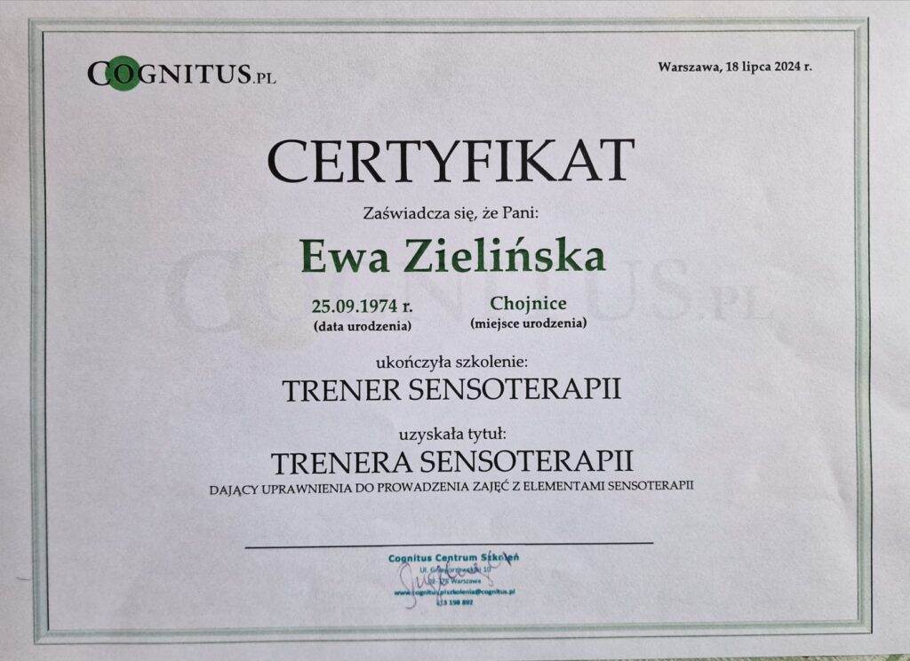 Certyfikat uzyskania tytułu Trenera Sensoterapii
