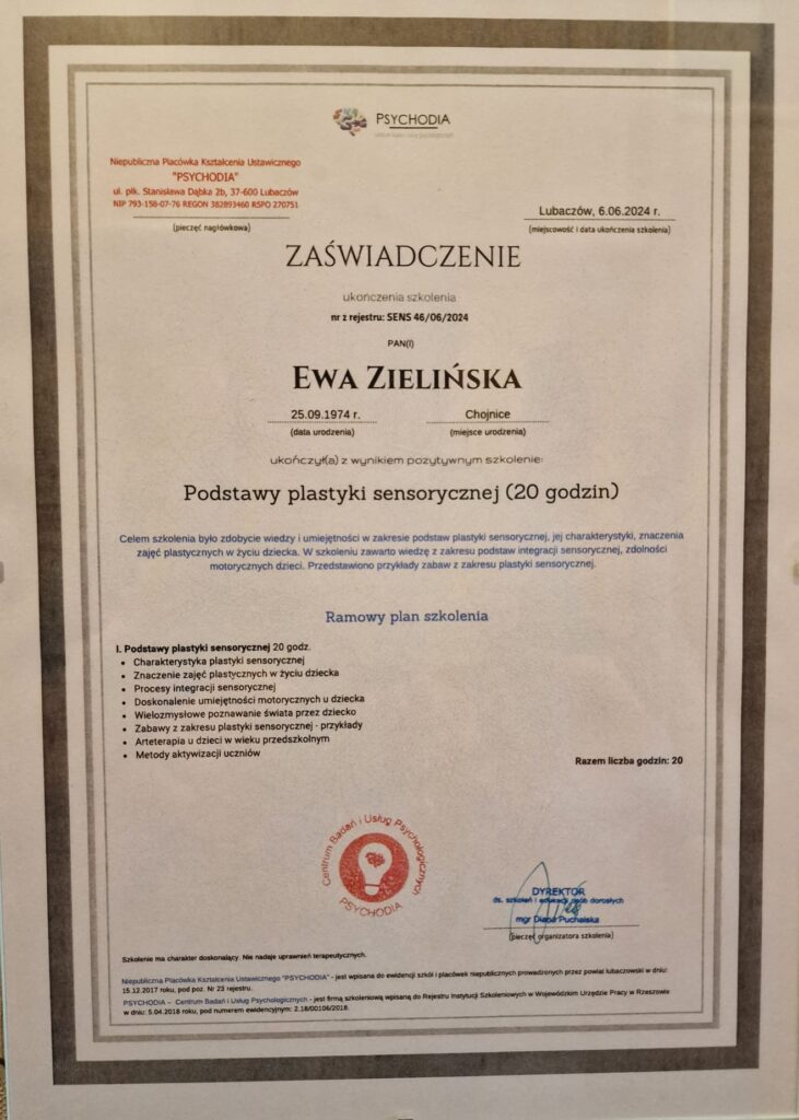 Zaświadczenie o ukończeniu szkolenia z podstaw plastyki sensorycznej